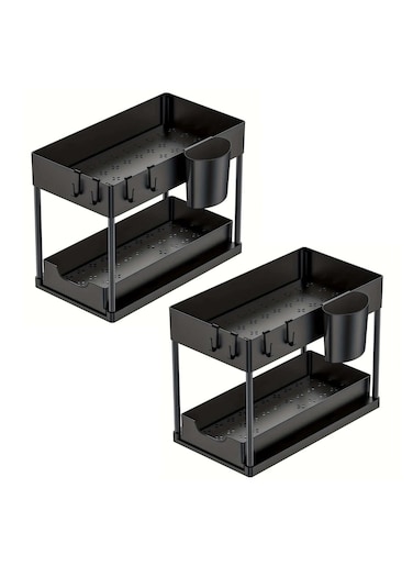 2 Pack 2 Tier Under Sink Shelf Organizer Storage Pull out Sliding Drawer Basket, Multi-Purpose Kitchen Bathroom Under Rack Cabinet, for Tabletop Laundry Cosmetics (2 Organizer, 8 Hooks, 2 Cups)