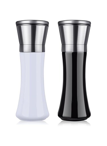 MAKINGTEC Refillable Salt Pepper Grinder Set Black and White,Adjustable Stainless Steel Salt &amp; Pepper Mill Grinder for Spices and Seeds,Elegant Salt Pepper Grinder Shakers,Tall Glass Pepper Salt Mill