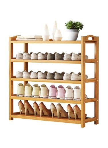 TOMVAES 5 Tier Wooden Shoes Rack, Free Standing Bamboo Shoes Storage Organizer with Portable Handle, Multi-Function Storage Shelf for Entryway, Living Room, Bedroom