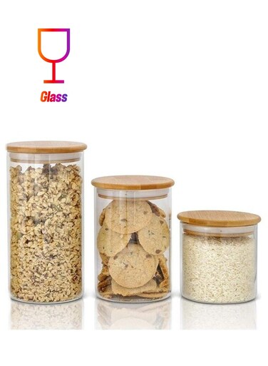Set of 3 Borosilicate Round Glass Food Storage Jar With Lid, 500ML,750ML, 1200ML Clear/Brown 1200ml