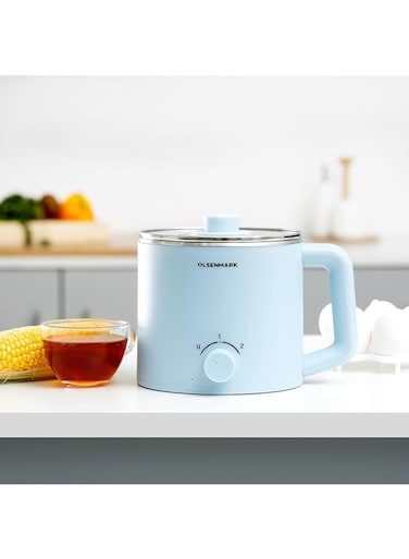 Olsenmark Multi Kettle, 1.6L Capacity, Omk2466 Stainless Steel 304 Inner &amp; Anti Hot Outer Body Over Heating &amp; Boil Dry Protection Dual Power Setting Tempered Break Resistant Glass Lid, Blue