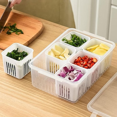 Airtight Refrigerator Food Fresh Box With 6 Pcs Detachable Drain Basket, Fridge Storage Containers With Lids, Sealed Refrigerator Food Fresh Box For Chopped Green Onion Ginger Garlic Vegetables