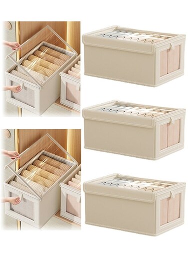3 Pieces Foldable Closet Storage Organizer with Clear Lid and Window, Washable Closet Storage Boxes with Carrying Handles , Stackable Wardrobe Clothes Organizer,Cube Storage Bin for Clothes Wardrobe Home Bedroom Office