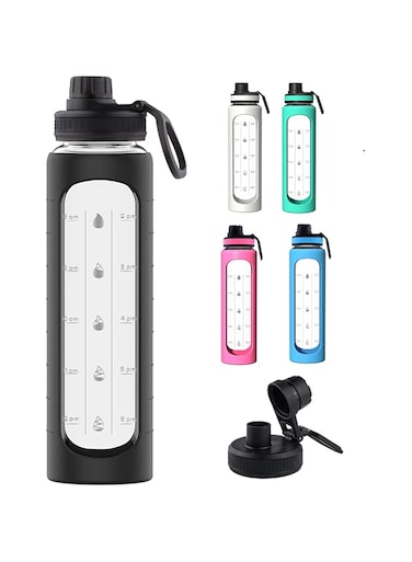 KASTWAVE 32 oz Glass Water Bottle with Time Marks and Silicone Sleeve - Flip Lid, Motivational Water Bottles for Hydration, Reusable, Wide Mouth, Leakproof, 1 Liter Glass Drinking Bottle,BPA Free 1PCS