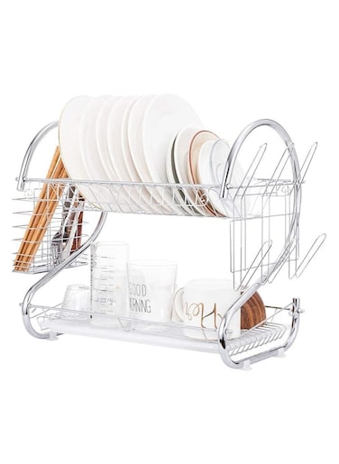 ELTERAZONE Dish Drying Rack Over the Sink, 2-Tier Dish Rack with Utensil Holder, Water Cup Holder and Drain Board for Kitchen Counter