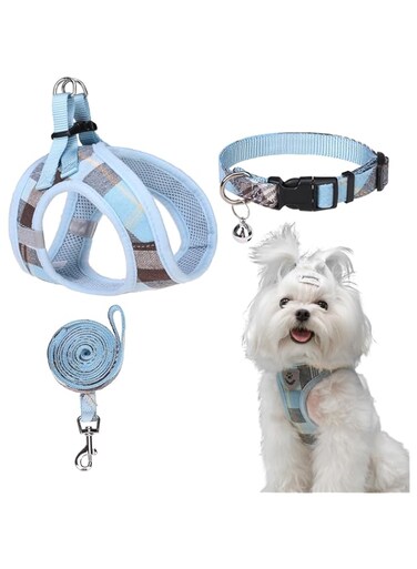 EXPAWLORER Classic Plaid Step in Dog Harness - Small Dog Collar and Leash - Soft Mesh Padded Adjustable Small Dog Vest Harness No Pull, Reflective Escape Proof for Outdoor Walking, Blue X-Small