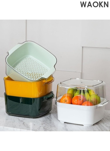 Fruit Strainer Colander Bowl Set, Kitchen Nesting Vegetable Fruit Washing Soaking Basket, 2 in 1 Large Plastic Food Storage Container Basin for Pasta Salad Berry Drain BPA Free, Light Green