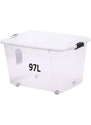 Premify Storage Box 97 L With Lockable Lid &amp; Wheels   Clear Plastic Organizer  Transparent Box For Storing Clothes, Toys, Tools, Medicine, Office/Kitchen Supplies, Documents &amp; Arts &amp; Crafts