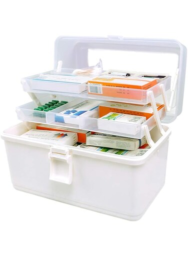 BAOYOUNI 3-Tier Plastic Medicine Storage Box Multi-Functional Family Emergency Organizer Kit with Handle transparent cover for Medical Cosmetic (34 x 20 x 22cm, White)