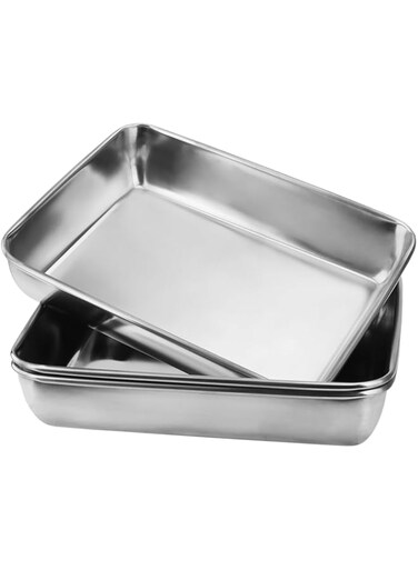 CHUEHKAK Set of 3 Stainless Steel Baking Trays, 25 x 20 cm, Rectangular Baking Trays, Grease Pan, Cake Tray, Oven Tray, Oven Tray, Rectangular Deep Fat Pan, Baking Mould, for Cakes, Cooking, Baking,