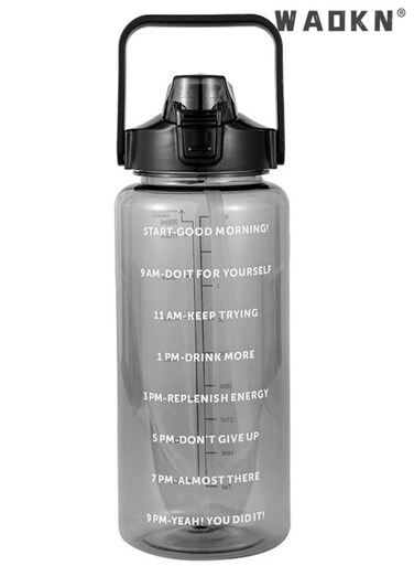 2L Large Capacity Water Bottle, Portable Plastic Water Bottle, Sports Water Bottle, With a Pop-Up Lid and Time Mark Reminder Cream Cup, Used for Outdoor Sports and Fitness-Black