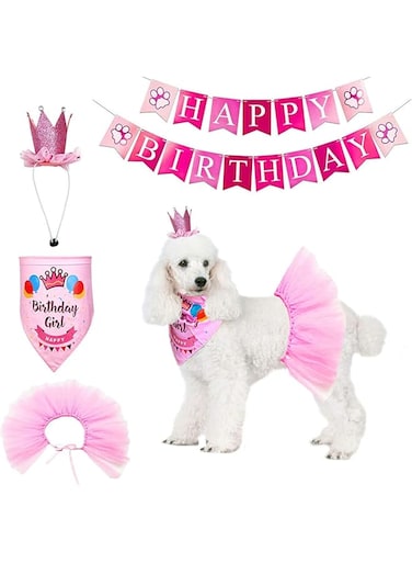 Zutesu Dog Birthday Party Supplies, Dog Birthday Hat Bandana Scarf with Cute Dog Bow Tie, Banner, Dog First Birthday Outfit for Pet Puppy Cat (Pink)