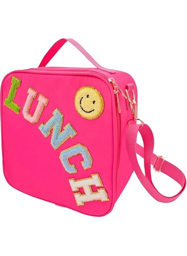 Insulated Lunch Bag With Adjustable Shoulder Strap, Nylon Preppy Lunch Box Large Insulated Lunch Bag Reusable Lunch Tote Bag with Smiley Preppy LunchBag for Girls School Travel Picnic (Rosy Red)