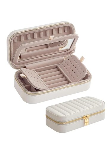 Travel Jewelry Case, Azonee Small Jewelry Organizer with Mirror, 4.1 x 8 x 2.4 Inches, PU Surface with Stitching, Portable Gift Box, Elegant Jewelry Box, Cloud White