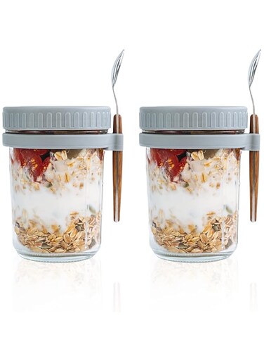 TEADZ SMARCH Overnight Oats Jars with Lid and Spoon Set of 2，10 oz Large Capacity Airtight Oatmeal Container with Measurement Marks, Mason Jars with Lid for Cereal On The Go Container (grey)