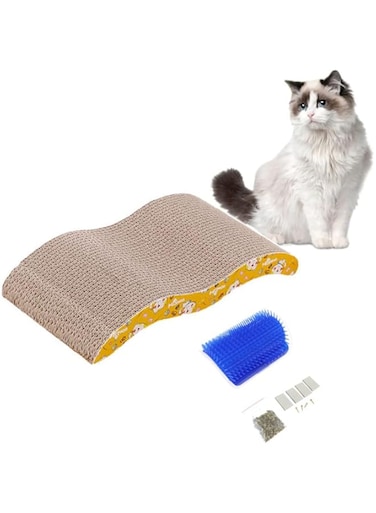 Cat Scratch Board &amp; Self Grooming Brush, Wave Double-Sided Cat Sctracher with Corner Comb Massage Toy, Corrugated Scratching Cardboard Post Catnip Bed for Pet Kitty Cat