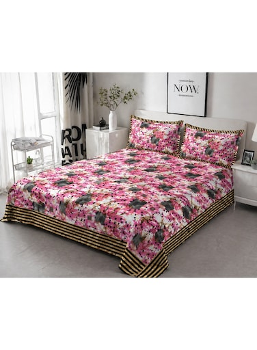 King Size Bed Sheet Set 200x220 cm Floral Pattern Printed Bedding 125 GSM Soft Lightweight Breathable Fabric 1 Bedsheet 2 Pillow Covers Durable &amp; Fade Resistant