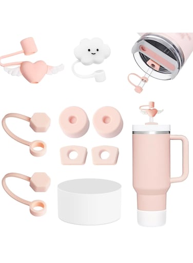 Stanley Cup Accessories Set Including 6 Pcs Silicone Spill Proof Stopper, 2 Pcs Straw Cover Cap for 9-10 mm Straws, 1 Pcs Clear Silicone Boot for Stanley Cup Stanley 40oz &amp; 30oz Tumbler (PINK)