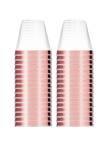 Beauenty 30pcs 9OZ Gold Plastic Cups,Disposable Gold Glitter Plastic Cups,Clear Plastic Tumblers,Wedding Thanksgiving, Christmas Party Cups (Rose Gold)