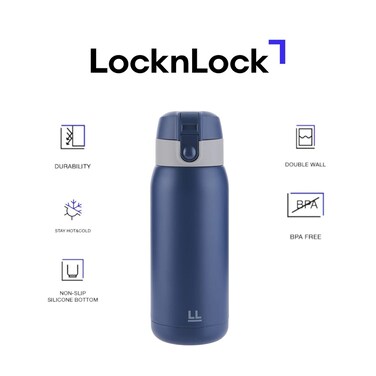 LocknLock Chubby Tumbler 370ml &ndash; Blue, Stainless Steel Mug with Double-Wall Insulation &amp; One-Touch Lid