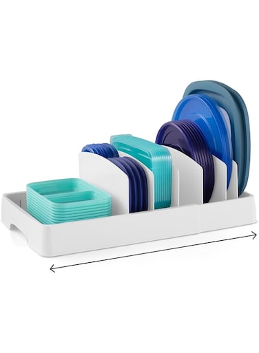 YouCopia StoraLid Food Container Lid Organizer, Expandable With Tall Dividers, BPA-Free Adjustable Plastic Lid Storage For Kitchen Cabinet And Drawer Organization, White