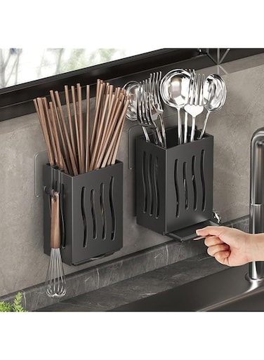 2 Multifunctional Cutlery Holder&ndash;Utensil Storage Stand with Draining Tray Wall-Mounted Freestanding Spoons and Forks Rack Organizer Thickened ABS Material for Kitchen (Black,8.5x6.6x12.5CM)