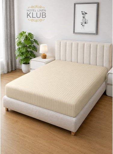 Linen Klub 1-Piece Microfiber Fitted Sheet Striped, Color Beige, Design Soft Fabric Deep Pocket Elastic Edge Bed Linen Available in Single, Double, Queen, KIng and Super KIng