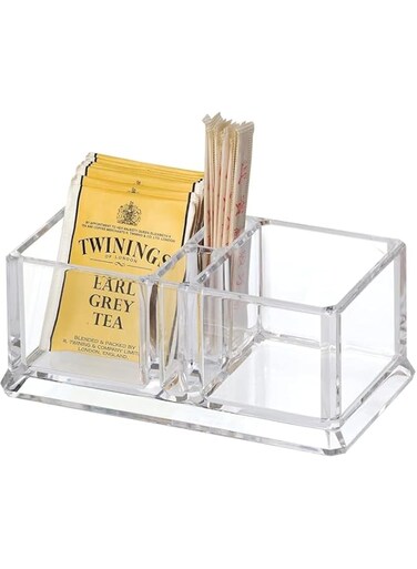 Jaexest Simple Clear Acrylic Tea Bag Holder, Tea Bag Storage Boxes with 2 Lattices, Tea Bags/Sugar/Coffee/Toothpicks Storage Organizer for Living Room/Kitchen/Dining Room