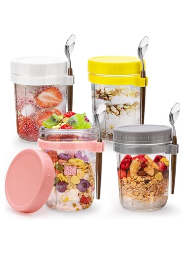 Pretocter 4 Pcs Overnight Oats Containers with Lids and Spoons 12 Oz Glass Mason Jars for Overnight Oats Jars Leak Proof Oatmeal Container Great for Cereal Fruit Milk Salad Yogurt Meal Prep-4 Color