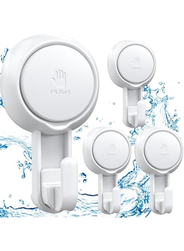 Luxear Suction Hooks Powerful Vacuum Suction Cup Hooks- Heavy Duty Kitchen Suction Cup Holder Shower Hook for Towel Robe Loofah - White Waterproof Suction Holder- for Bathroom Kitchen Restroom (4Pack)