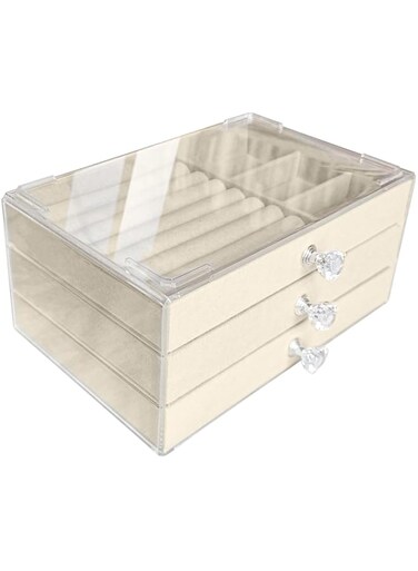 Generic Acrylic Jewelry Organizer Box with 3 Drawers, Clear Jewelry Boxes for Women Earring Rings Bangle Bracelet and Necklace Holder Storage Velvet Jewelry Display Case (Beige)