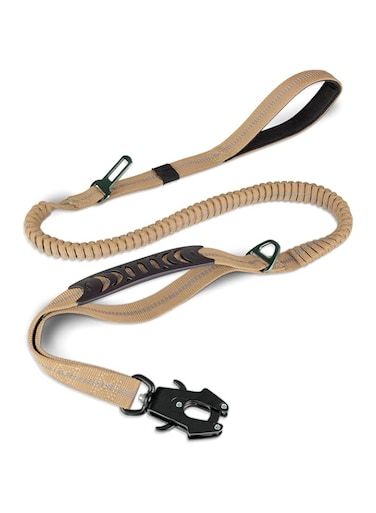 Joytale Tactical Dog Leash Heavy Duty,4-6FT Shock Absorbing Bungee Dog Leash with 2 Padded Handle,Metal Carabiner Clip,Car Seatbelt,Strong No Pull Dog Leash for Medium Large X-Large Dogs,Coyote Brown