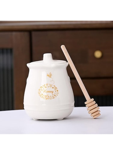 Kosmeey Ceramic Honey Jar with Wooden Honey Dipper-Honey Pot with Dipper- Honey Jar with Stand, Great Bee Decor- Farmhouse Kitchen Decor (Honey Jar-White)
