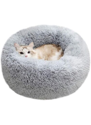 BODISEINT Modern Soft Plush Round Pet Bed for Cats or Small Dogs, Mini Medium Sized Dog Cat Bed Self Warming Autumn Winter Indoor Snooze Sleeping Cozy Kitty Teddy Kennel (24'' D x 8'' H, Light Grey)