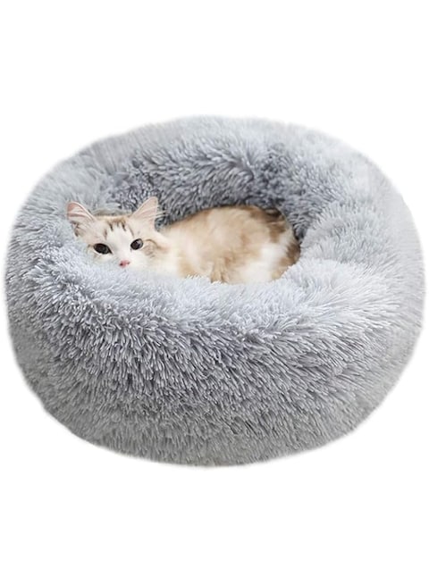 BODISEINT Modern Soft Plush Round Pet Bed for Cats or Small Dogs, Mini Medium Sized Dog Cat Bed Self Warming Autumn Winter Indoor Snooze Sleeping Cozy Kitty Teddy Kennel (24&#39;&#39; D x 8&#39;&#39; H, Light Grey)