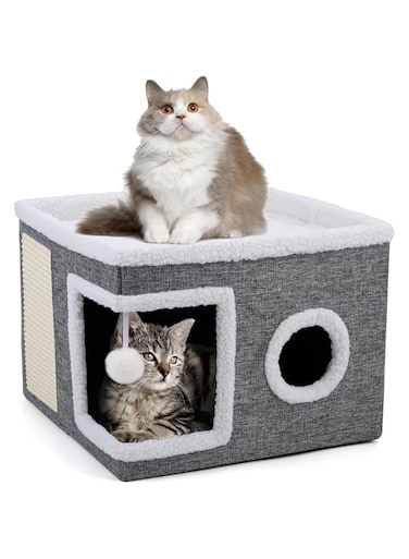 NEXT VOGUE Cat Bed for Indoor Cats, Large Cat Cave with Cozy Condo, Fluffy Hanging Ball, Round Window, Foldable Indoor Cat House with Scratch Pad, Cat Hideaway with Double-Sided Soft Cushions