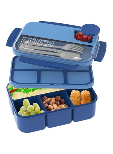 HBSTUDIO Bento Boxes for Adults,1300 ML Bento Lunch Box Container For Kids With Spoon &amp; Fork - Durable Perfect Size for On-the-Go Meal, BPA-Free and Food-Safe Materials(Blue)
