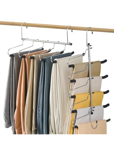X spring Magic Pants Hangers, 2 Pcs Non Slip Stainless Steel Multi Functional 5 Layers Heavy Duty Trouser Organizer, Space Saving Pants Hangers for Clothes Scarves Ties Trousers (Black)