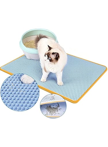 PETO Cat Litter Mat, 24"x18" Litter Box Trapping Mat, Honeycomb Double Layer Trapping Litter Mat Design, Waterproof Urine Proof Trapper Mat for Litter Boxes (Blue)