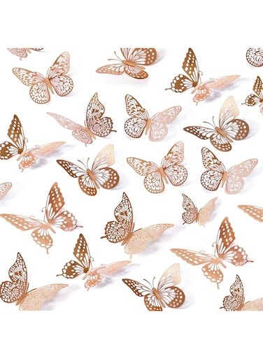 SAOROPEB 3D Butterfly Wall Decor, 48 Pcs 4 Styles 3 Sizes, Removable Metallic Wall Sticker Room Mural Decals for Kids Bedroom Nursery Classroom Party Decoration Wedding Decor DIY Gift (Rose Gold)