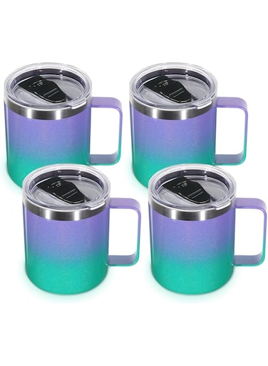 Volhoply 14oz Insulated Stainless Steel Coffee Mug with Lid Bulk 4 Pack,Double Wall Vacuum Travel Coffe Cup with Handle,Reusable Thermos Tumbler,Camping Mugs Keep Hot,Christmas Gifts(Purple Green,4)