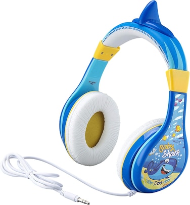 Kiddesigns Baby Shark Wired Headphones, Built In Volume Limiting Feature For Kid Friendly Safe Listening, Adjustable Headband, 3 Volume Settings, Great Stereo Sound 3.5mm Connectivity, Blue