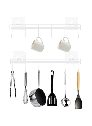 HOMEBROS Kitchen Utensil Hanger, White Adhesive Utensil Holder Wall Mount Kitchen Utensil Rack Rail with 12 Kitchen Hooks Space Saving No Drilling for Kitchen Pantry Camper 2 Pcs
