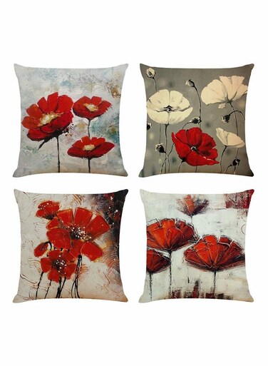 Throw Pillow Covers, 4 Pack Red Flower Cushion Covers 18x18 inches Boho Linen Square Throw Pillow Cases for Living Room Sofa Couch Bed Decorative Pillowcases