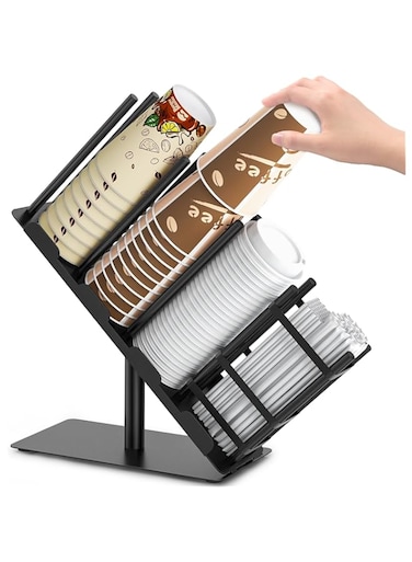 Metal Cup and Lid Holder, Cup Dispenser Countertop, Cup and Lid Holder Metal 4 Compartment Coffee Condiment Storage for Bar Accessories, Disposable Paper Cups, Plastic Cups, Lids, Straws - Black