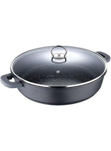 Bergner Classic Novum Shallow Pot With Lid 32X7.8Cm, Aluminum, Induction Bottom, Marble+ Non Stick Coating, Black