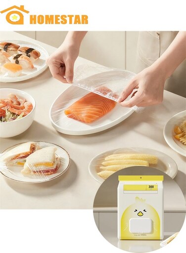 300 Pcs Disposable Food-Grade Cling Film Covers, Easy-Pull Kitchen Bowl and Plate Covers for Food Freshness, Fruit, and Meal Storage