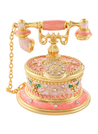QIFU Hand Painted Telephone Pink Enameled Jewelry Trinket Box with Hinged Unique Gift for Home Decor