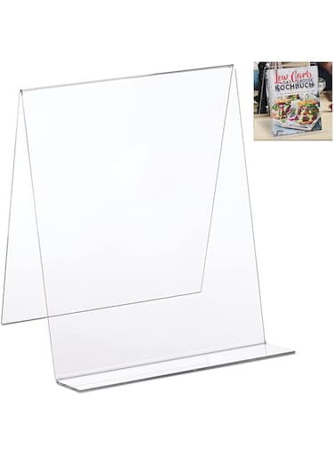 Relaxdays 10027277 Book Stand, Acrylic Cookbook Holder, DIN A4, Easel, Sturdy, Tabletop Display, 24 x 20 cm, Transparent, 1 item
