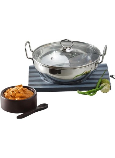 Stainless Steel Kadhai with Glass Lid, 1.7 Litre, 20 cm   Extra Thick SAS Heavy Bottom   Induction &amp; Gas Stove Compatible   Silver